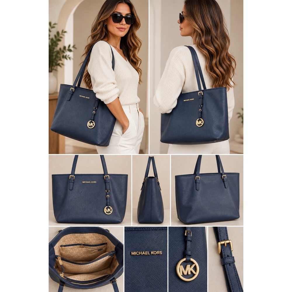 Michael Kors Jet Set Travel Tote Navy Blue Saffiano Leather Gold Hardware Bag